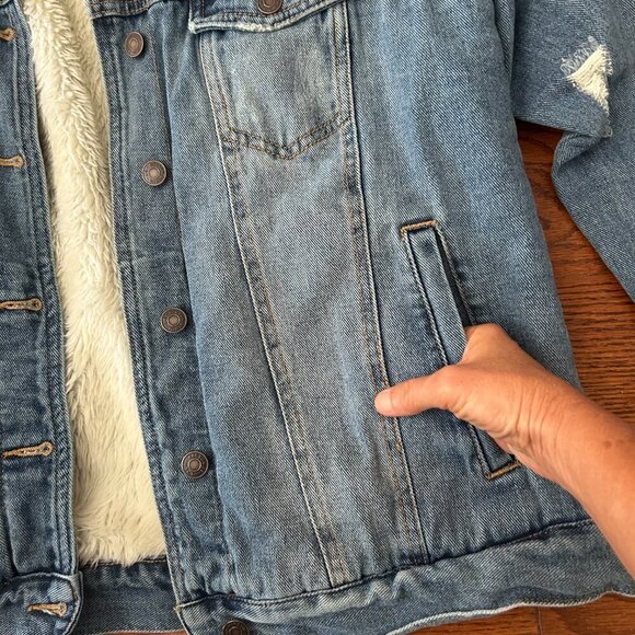 Pacsun Sherpa Denim  Trucker Jacket Fleece Lined Size Large Distressed - Picture 8 of 12